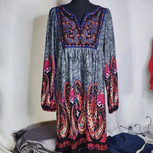 White Mark Blue Orange Turquoise Embroidered Paisley V-Neck Poly Span Dress XL
